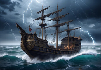 Old medieval ship, floating on waves on the ocean in a raging hurricane. - obrazy, fototapety, plakaty