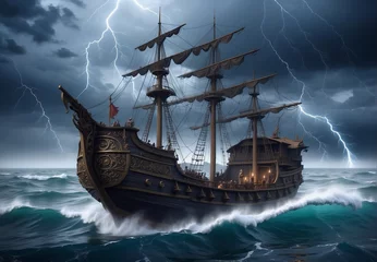 Deurstickers Old medieval ship, floating on waves on the ocean in a raging hurricane. © A_A88