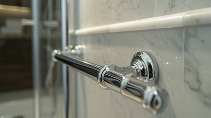 Closeup of an expensive, Chrome, Grab Hand Rail For Bathroom Shower, Bath or Toilet, handrail safety grab bar, security for handicapped, disabled people, accessibility for patients and the elderly. 