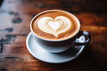 Coffee cup with heart shape latte art on wooden table.