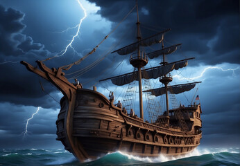 Old medieval ship, floating on waves on the ocean in a raging hurricane.