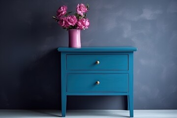 Blue wooden cabinet with pink flowers in vase