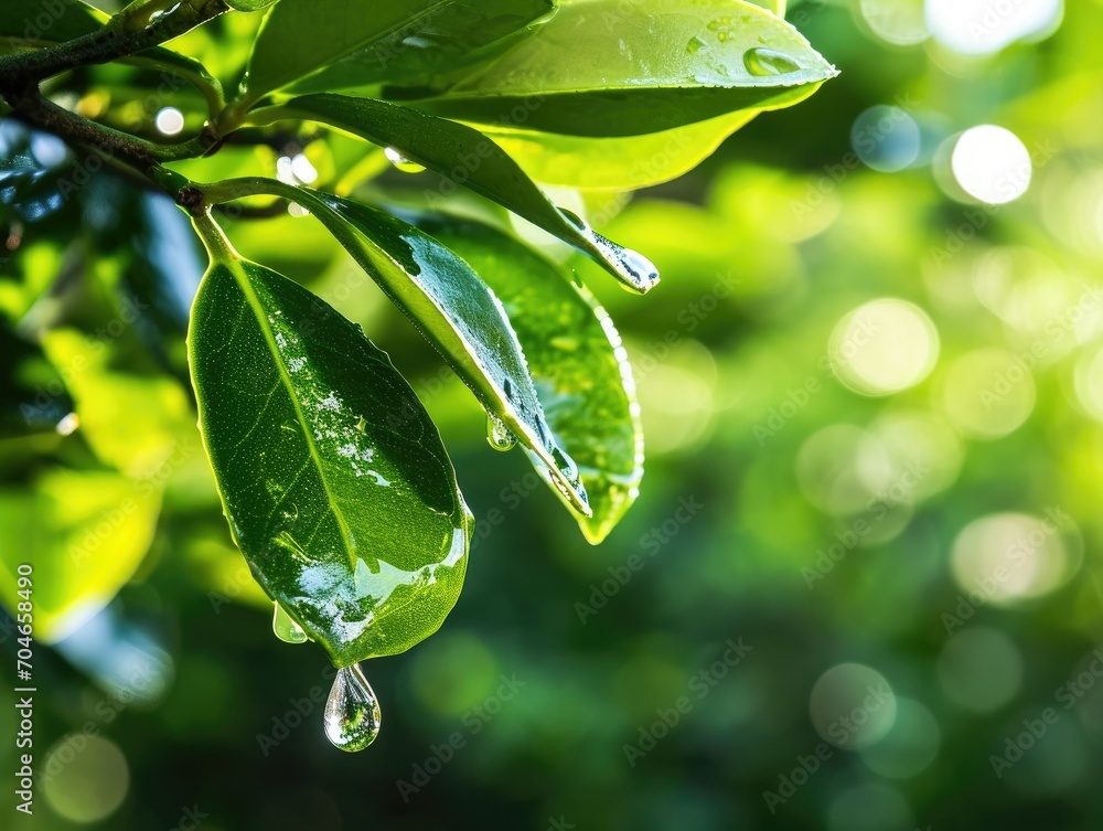 Poster A wet leaf of a tree drips a drop of rain from it. Spring and summer background. Large background. Copy space. Blank, template.