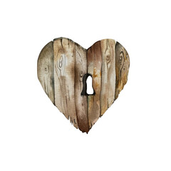 The watercolor illustration is a stylized wooden heart with a keyhole. It can be used to design Valentine's day cards. isolated on a white background.