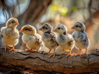 Small, cute chicks are sitting on a tree branch. Adorable chickens. Close-up.