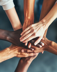 Close-up of diverse hands stacked together, portraying unity and teamwork