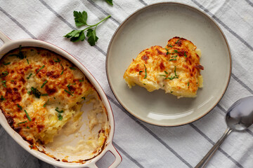 Homemade Scalloped Potatoes with Cheese and Parley, top view.
