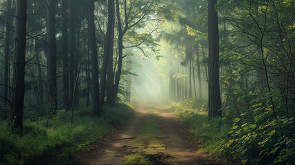 Obraz premium Atmospheric woodland path surrounded by tall trees and mist, ideal for nature, tranquility, mystery and mindfulness themes.