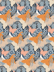 Seamless pattern with butterfly, black ornament and beige circles