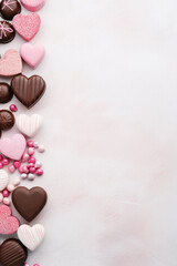 Valentine's day background with chocolate hearts and candies. Top view with copy space.