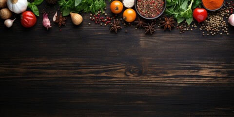 Ingredients for cooking placed on a dark wooden table, viewed from above, with space to copy.
