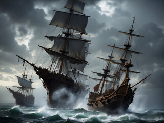 Three An old medieval ship, sailing on waves on the ocean in a raging hurricane, against a gloomy sky.