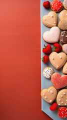 Valentine's day greeting card with heart shaped cookies on red background.