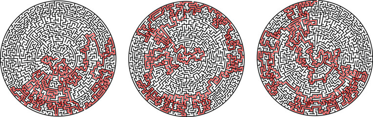 Set of three different large round complex labirinths. Vector circular mazes. Difficult education puzzle with task to search exit or find the way to center of maze. Solution included.