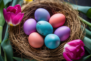 Fototapeta na wymiar Colorful easter eggs in a nest with red tulips