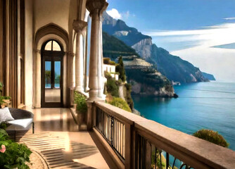 panoramic views of the sparkling Mediterranean Sea and cliffside terraces, generative ai
