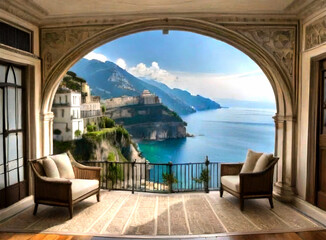 Obraz na płótnie Canvas panoramic views of the sparkling Mediterranean Sea and cliffside terraces, generative ai