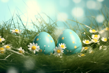 Blue decorated easter eggs in a meadow with flowers