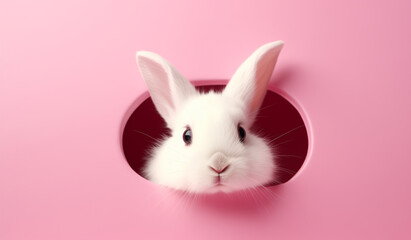 Obraz premium An adorable white rabbit exit from a hole in a pink wall