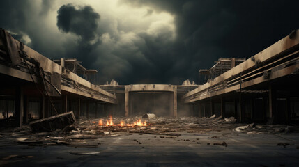 Post-apocalyptic scene of a destroyed building with fire amid rubble under stormy skies - obrazy, fototapety, plakaty