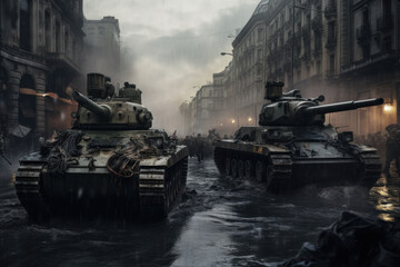 Armored tanks patrol a flooded urban street amidst a tense, foggy atmosphere - obrazy, fototapety, plakaty