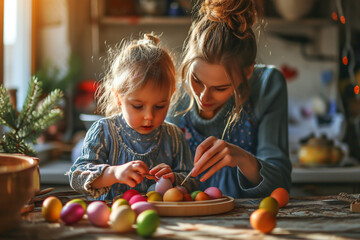 Fototapeta premium A photo of a mother and daughter preparing easter decorations in their home kitchen. Blond female and a small girl are hand-painting Easter eggs. 