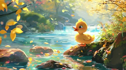  a painting of a duckling sitting on a rock in the middle of a river surrounded by leaves and rocks.