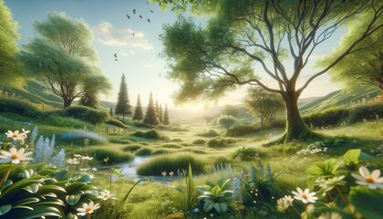 Peaceful meadow landscape, full of green and flowers, for well-being. A landscape of serenity and health, where greenery and flowers thrive.