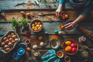 Rustic photo of egg painting process on a wooden kitchen table. Family tradition of Easter egg colouring in the kitchen.  - obrazy, fototapety, plakaty
