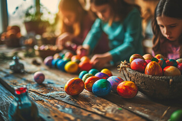 Picture of brightly coloured Easter egg which are being painted by three two young girls. Two caucasian children are happily painting Easter eggs in their family home. - obrazy, fototapety, plakaty