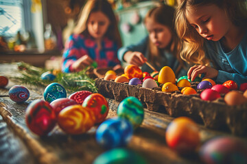 Picture of brightly coloured Easter egg which are being painted by three little girls. Three caucasian children are enjoying painting Easter eggs in their family home. - obrazy, fototapety, plakaty