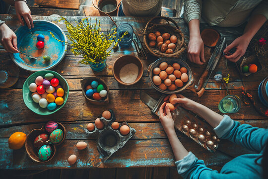 Photo of egg painting process on a wooden kitchen table. Family tradition of Easter egg colouring in the kitchen. 