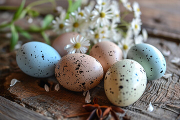 Obraz premium Beautiful Easter compositions with spotty eggs in pastel colours and daisies . Pretty table setting for Easter holiday.