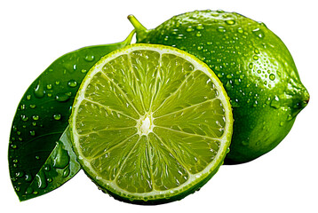 Przekrojony owoc limonki zroszony kroplami wody na przezroczystym tle.