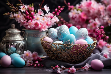 Obraz na płótnie Canvas A photo of colourful hand painted Easter eggs. Luxury light blue Easter eggs laying in a basket next to a vase with pink spring flowers. 