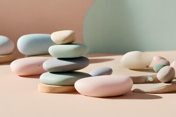 Fototapeta na wymiar Pastel-colored Zen stones arranged in balanced composition, Zen stones background