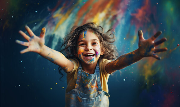 lachendes fröhliches Kind mit bunter Farbe