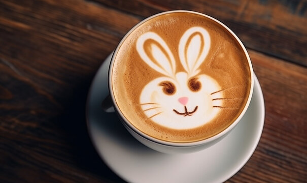 lachender lustiger Osterhase im Milchschaum im Kaffee