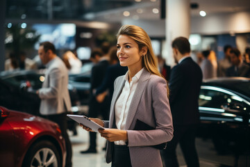 Woman Car Salesperson at a Vehicle Dealership Working Elegantly with Tablet - obrazy, fototapety, plakaty