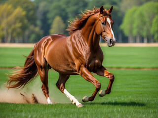 Obraz na płótnie Canvas A horse gallops across a green field