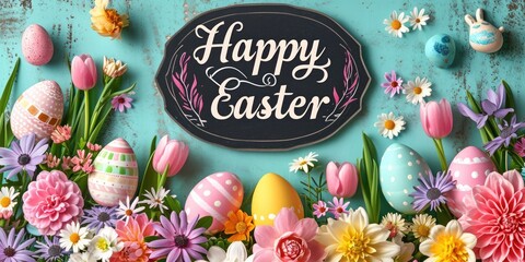 Happy Easter holiday background. Easter eggs and beautiful spring flowers