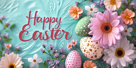 Fototapeta na wymiar Happy Easter holiday background. Easter eggs and beautiful spring flowers
