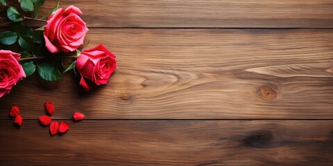 Romantic setting, red rose, wooden table, bird's-eye view.