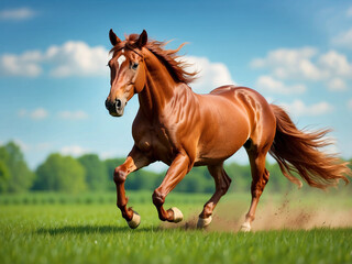 Obraz na płótnie Canvas A horse gallops across a green field
