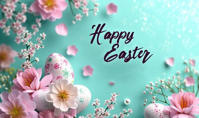 Happy Easter holiday background. Easter eggs and beautiful spring flowers