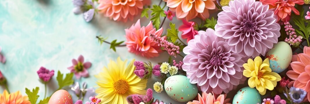 Happy Easter holiday background. Easter eggs and beautiful spring flowers - Powered by Adobe