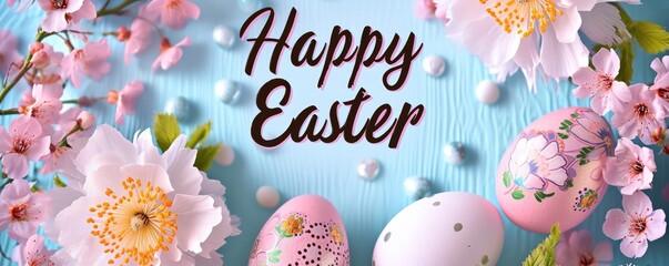 Happy Easter holiday background. Easter eggs and beautiful spring flowers
