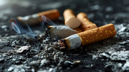A powerful visual commentary on the abrupt cessation of smoking showing the benefits, drawbacks, and methods. Cigarette butts in an ashtray - obrazy, fototapety, plakaty