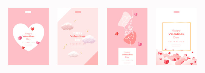 Valentine's day concept cards set. Social media post with hearts and clouds. 3d red and pink paper hearts with frame on geometric background. Line face couple. Vector illustration