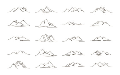 Set of sun and mountains continuous one line icon drawing on white background. Hot temperature and  travel symbol vector illustration in doodle style. Summer sun contour line sign  - obrazy, fototapety, plakaty